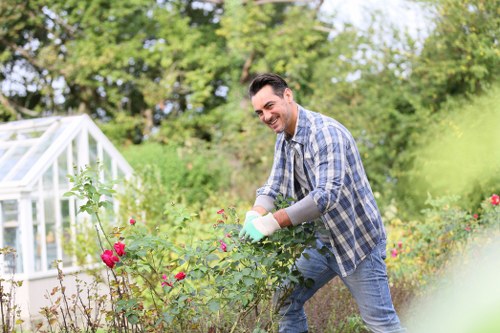 Front view of a gardener assessing a small urban garden
