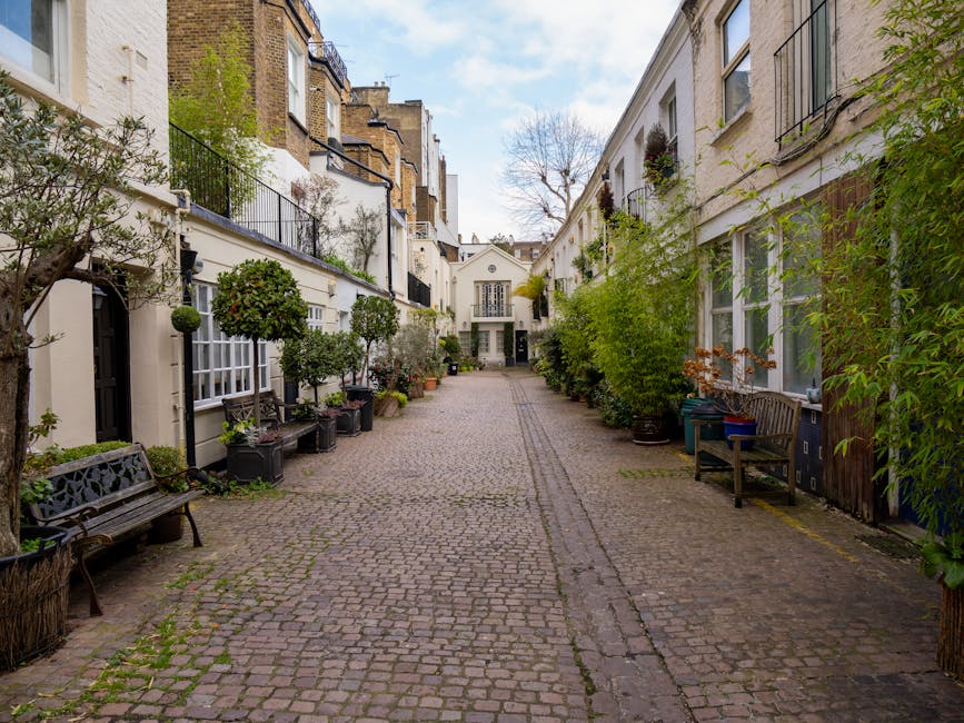 A narrow cobblestone courtyard lined with white terraced townhouses, featuring lush green potted plants and small trees along the left side, with some potted topiary bushes and a wooden bench. On the